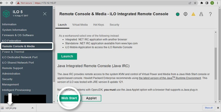 Gehen Sie zu Remote Console & Media und klicken Sie dann auf Web Start.